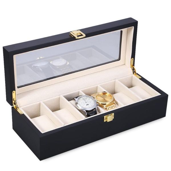 

reloj relogios watch box 6 slots wood watch display case watches box glass jewelry storage organizer holder clock case boxes, Black;blue