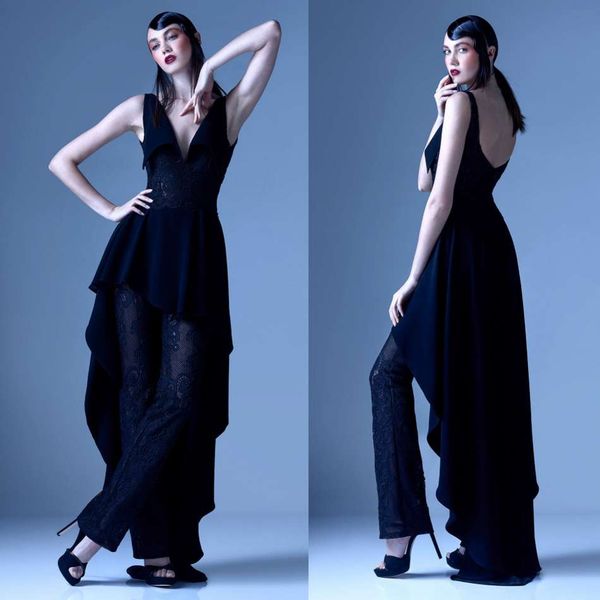 

2019 темно-синий комбинезоны пром платья баски v шеи кружева аппликация брюки платье вечерняя одежда старинные длинные вечерние платья, Black