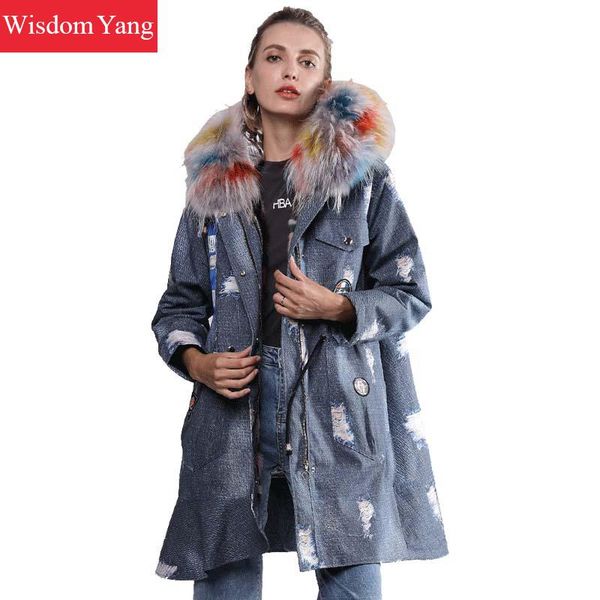 

winter warm parka jacket coats womens denim real raccoon hair fur hooded wool liner long parka jackets coat plus size, Black
