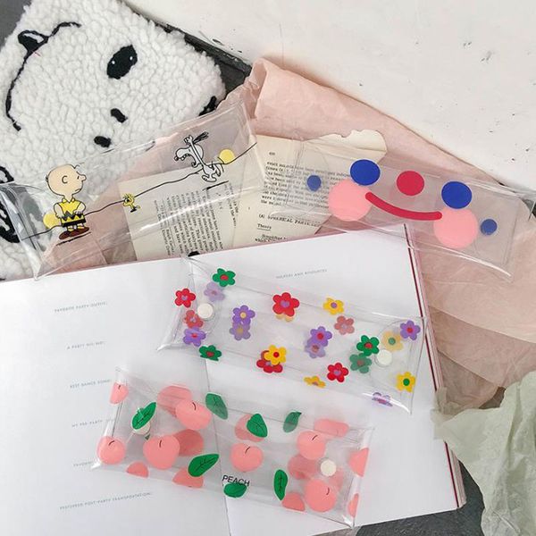 

1 pcs kawaii transparent flower peach smile face printing pencil bags high capacity pencil cases cosmetic pouch bag stationery
