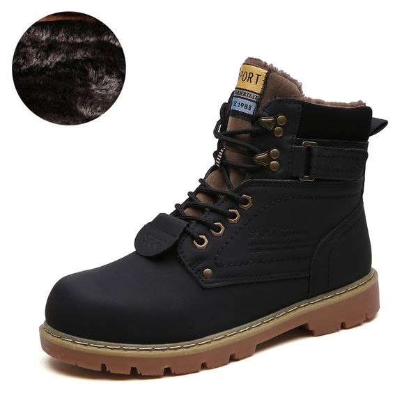 

dm68 mens designer shoes warm winter men boots genuine leather ankle boots men winter work shoes fur snow, Black
