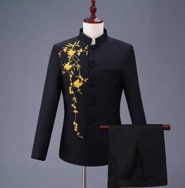 

blazer men formal dress latest coat pant designs marriage suit men stand collar embroidery trouser wedding suits for men's black, White;black