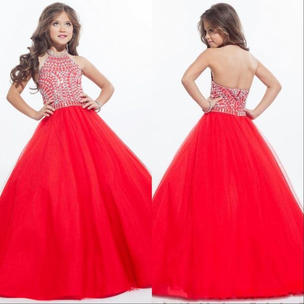 

sparkly girls pageant dresses for teens halter tulle floor length rhinestone little girls prom party dresses, White;red