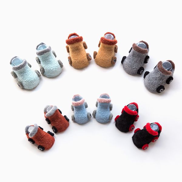 

baby 3d cartoon car coral velvet floor socks autumn winter warm short socks non slip first walker shoes, Pink;yellow