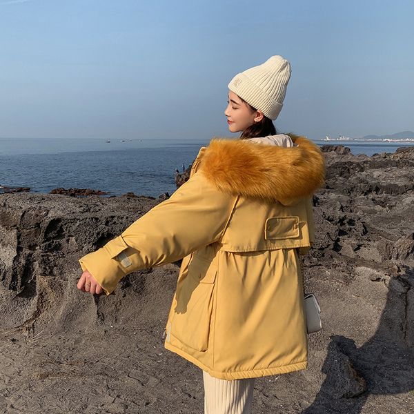 

причинная большой карман женщины зимняя куртка хлопок мягкий теплый сгущает с меховым воротником женская длинные пальто вниз ветровки, Black