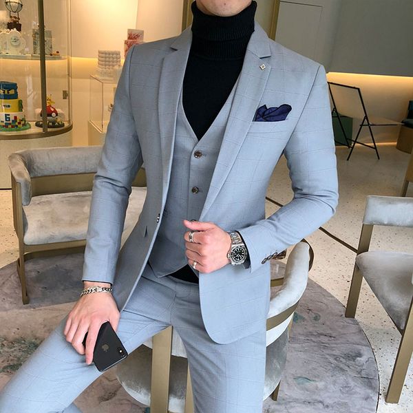 

3 pieces suits jackets+pants+vest wedding dress suits for men blue plaid formal wear new men slim groom size xs-5xl, White;black