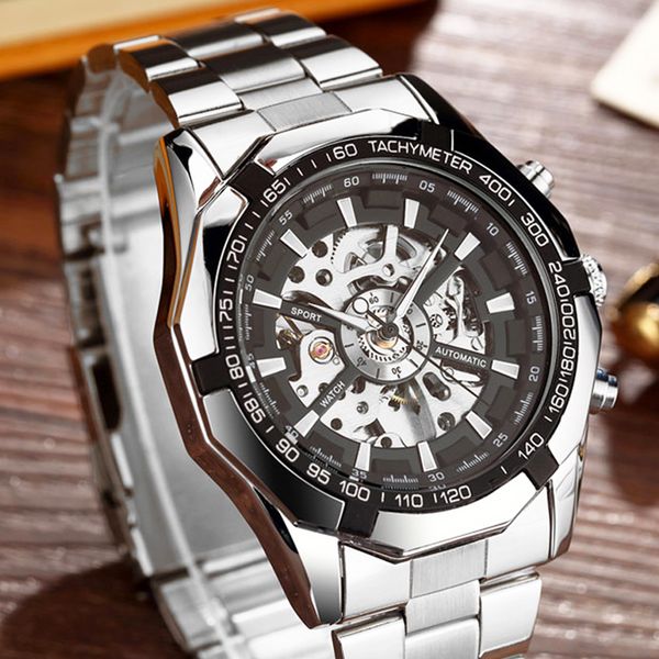 

silver automatic mechanical watches for men skeleton stainless steel self-wind wrist watch men clock relogio masculino, Slivery;brown