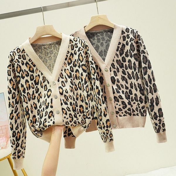 

spring autumn leopard print women cardigan sweater fashion knitted outwear coat v neck open cardigans casual female sweater top, White