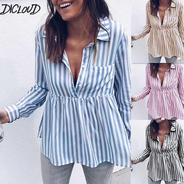 

dicloud мода новой осень случайной блузка женщина просто с длинным рукавом полосатой рубашки женщина синего v-образный вырез сексуальных жен, White