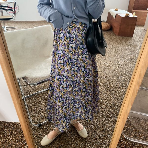 

2020 elastic waist elegance vintage loose skirts print female florals chic women summer high waist long skirt, Black