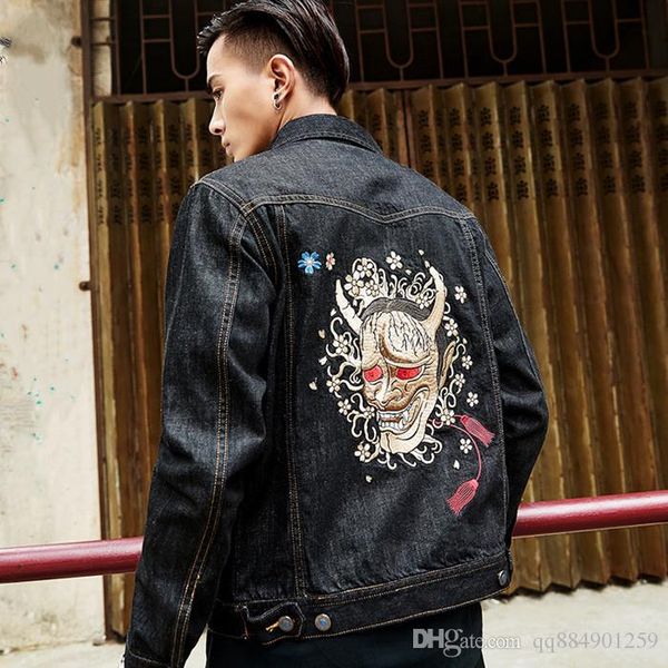 

tide brand embroidered clothing hip hop trend slim handsome men's denim jacket autumn and winter, Black;brown
