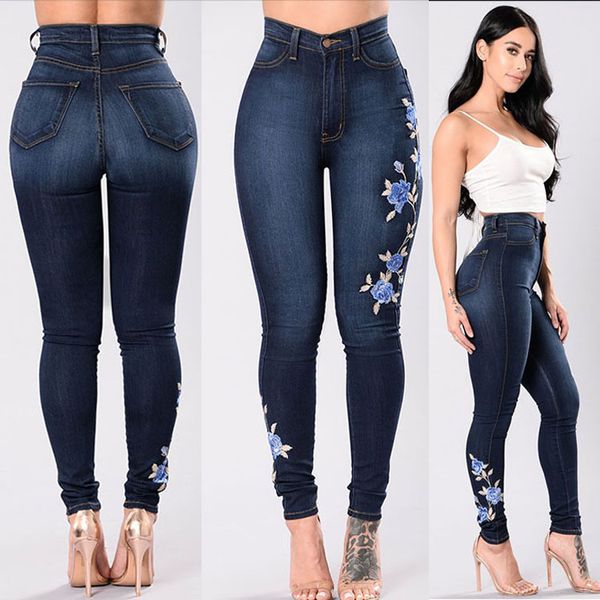 

europe and america amazon wish explosions women's denim pants embroidered slim slim jeans women, Blue