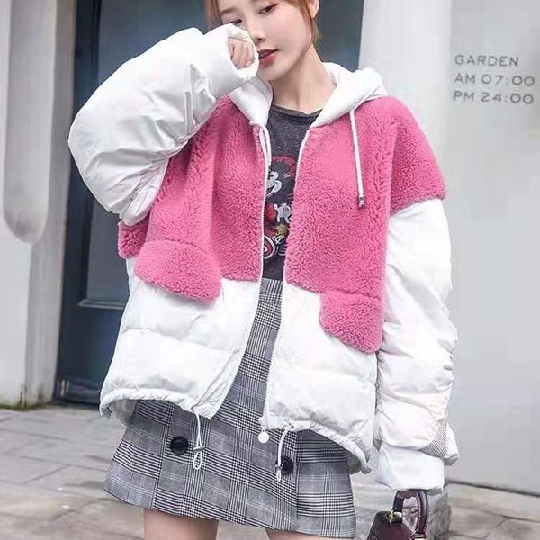 

down jacket 2019 new winter coat women patchwork wool blends artificial fur parka female coats hooded plus size warm outerwear, Black
