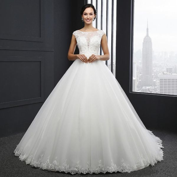

2019 new arrival princess wedding dress custom made sequins cap sleeve bride dresses tulle wedding dresses vestidos de fiesta, White