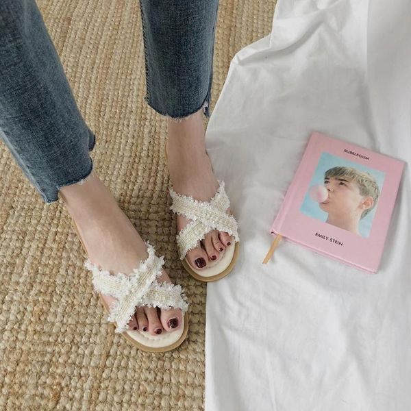 

2020 new slippers female summer wild korean version of the cross belt flat bottom flat drag beach sandals, Black