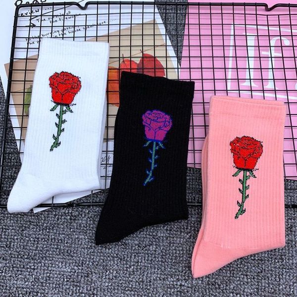 

rose pattern men and women socks ins europe and america cute personality hip hop street hip hop sock pink white black style, Black;white