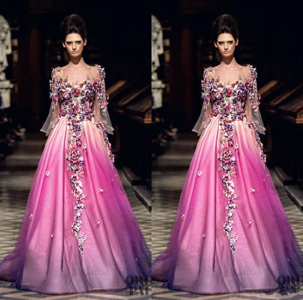 

3d floral appliqued prom dresses 2019 latest long sleeve flower evening gowns arabic a line party dress vestido de festa, Black