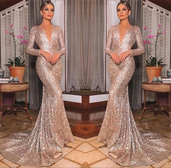 

Glitz Champange Sequined Long Sleeve Mermaid Evening Dresses Elegant V Neck Prom Party Gown Long Party Dress vestido de fiesta