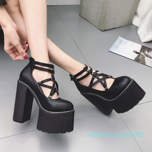 

gdgydh 2020 fashion women pumps high heels zipper rubber sole black platform shoes spring autumn leather shoes female promotion r02