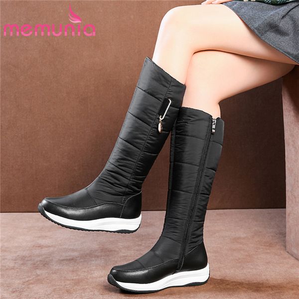 

memunia 2020 new cow leather knee high boots women down keep warm winter boots waterproof flat platform shoes woman snow, Black