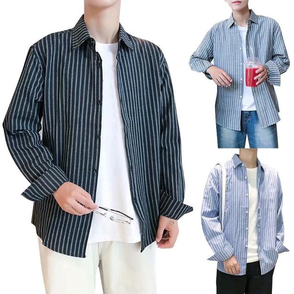 

men korean long-sleeves buttons cardigan striped loose lapel shirt, White;black