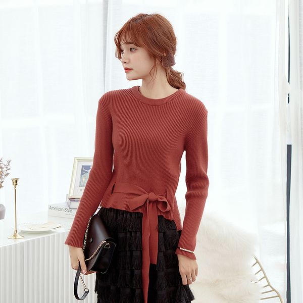 

dmlfzmy casual ladies long sleeve sweater autumn winter o-neck knitted pullovers female short bandage elegant lady women sweater, White;black