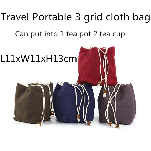 

square thicken 3 grids storage bags travel portable linen drawstring jewelry pouch bag small tea pot 2 cup cloth pouch, Pink;blue