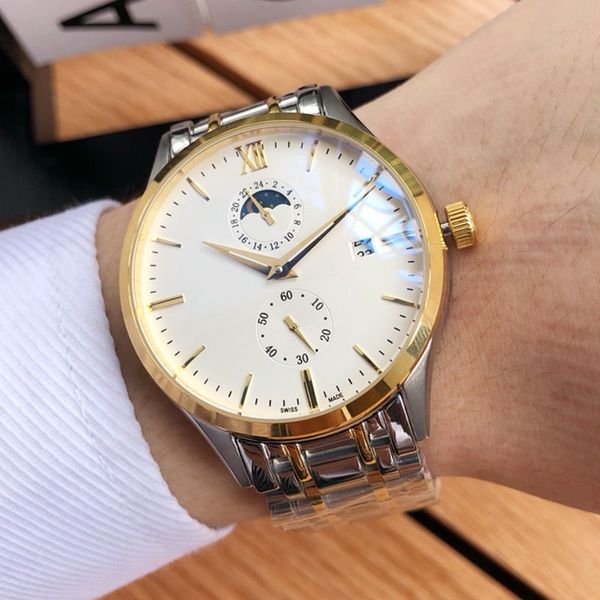 

business watch fully automatic movement 24 hours moon phase auto date reinforced glass mirror butterfly buckle steel strap luxury mens watch, Slivery;brown