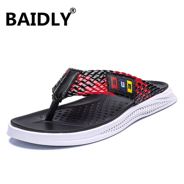 

summer slippers men casual outside flat flip flops men lightweight leather soft slides schoenen mannen, Black