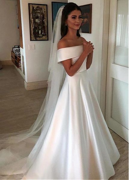 

chic satin off-the-shoulder a-line wedding dresses with belt & bowknot sweep train custom made ivory bridal gowns with pockets, White