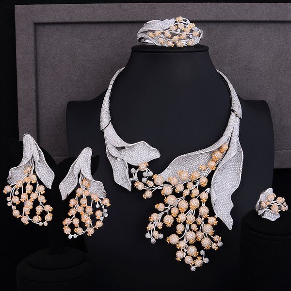 

godki super luxury poppy flower african cubic zircon cz nigerian jewelry sets for women wedding beads bridal jewelry sets, Silver