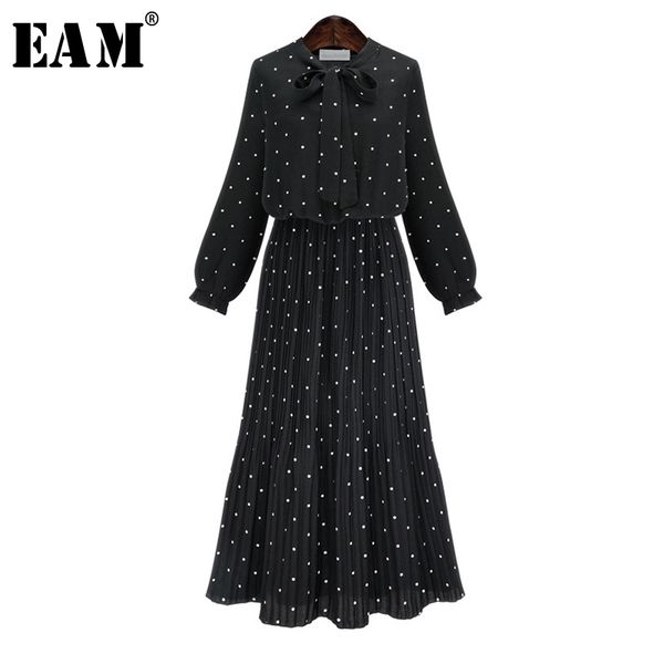 

eam] 2019 new spring round neck long sleeve solid black chiffon dot loose big size dress women fashion tide ja23601m, Black;gray