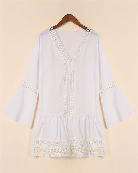 

summer beach casual wear white women's dress sweet & cute long trumpet v-neck bell sleeve shift dress mini dress, Black;gray