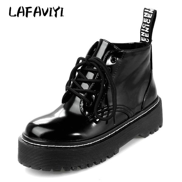 

2020 ankle boots round toe cross-tied boots fashion patent leather woman motorcycle, Black