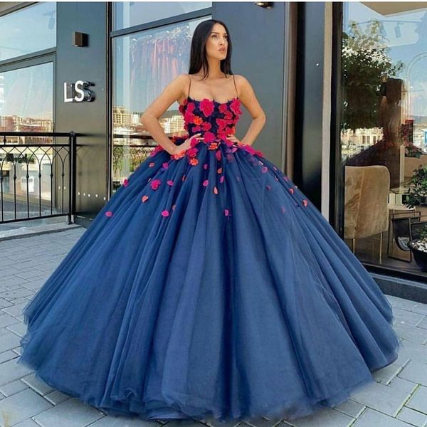 

designer hand made flowers prom quinceanera dresses spaghetti straps ball gown tulle south african evening dress plus size formal gowns, Black