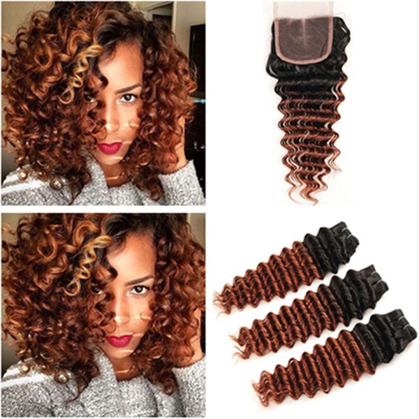 1b 33 Reddish Brown Ombre Deep Wave Peruvian Hair Bundles With