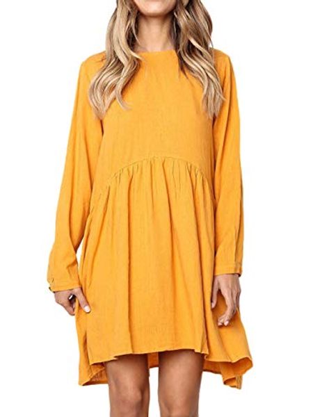 

four clour women's scoop neck long sleeves high low pleated loose swing casual dress, Black;gray