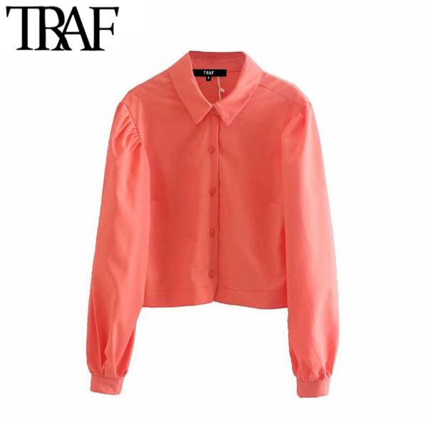 

traf women vintage stylish buttons short style shirts fashion lapel collar long sleeve office wear blouses blusas chic, White