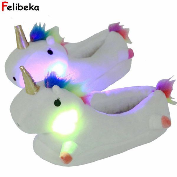 

2018 new style winter lovely home slippers cartoon plush chausson licorne white shoes women glowing slippers mx200425, Black