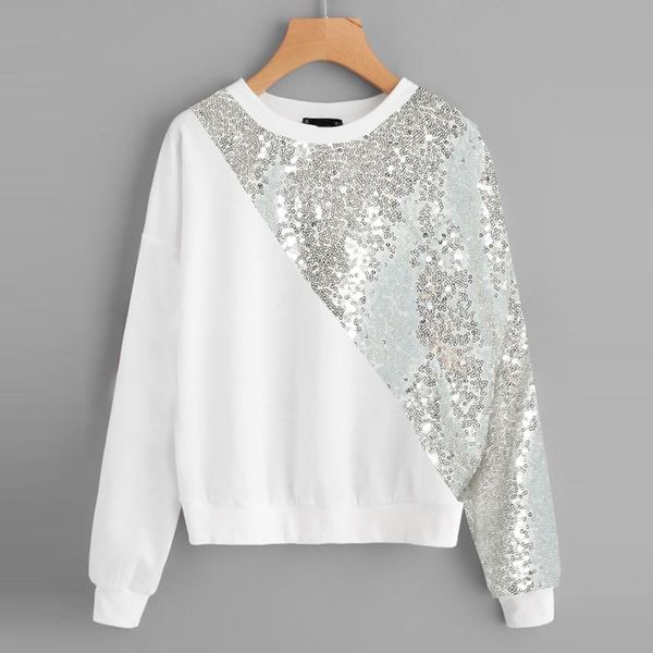

fashion women blings sequins color block o-neck round neck splice wild patchwork sweatshirt pullover roupas femininas, White
