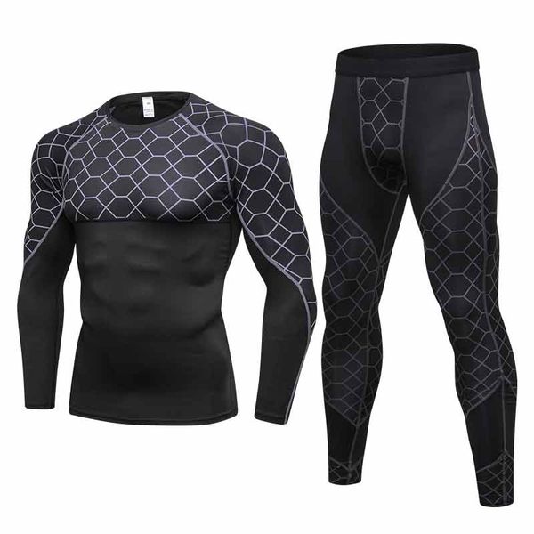 

brand 2 piece men's sportswear suit compression base layer fitness sets breathable long sleeve shirt trousers black tracksuit, Gray