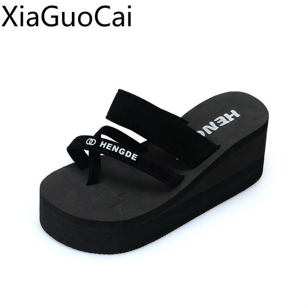 

summer women flip flops muffin thick sole cool female platform slipper female beach slippers outdoors slides, Black