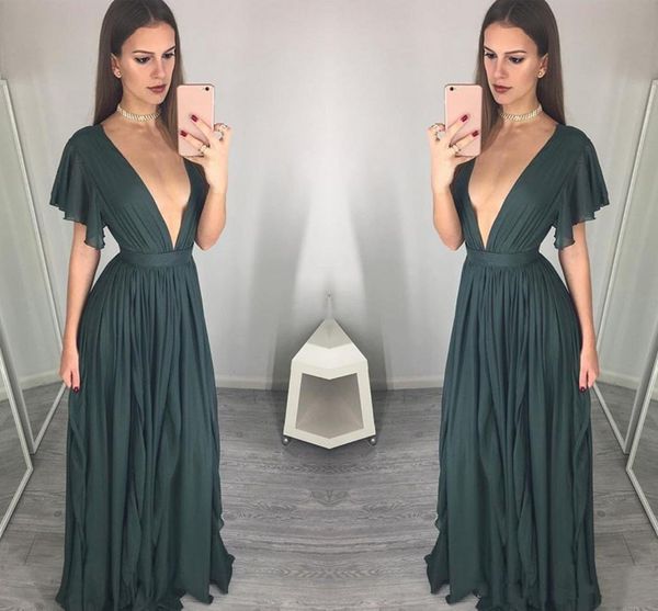 Modest Charme Sexy Prom Vestido Chiffon Long Evening Dress Special Ocasião Vestidos Profundo Decote Em V A-Line Short Sleeve Club Wear Maid Of Honor