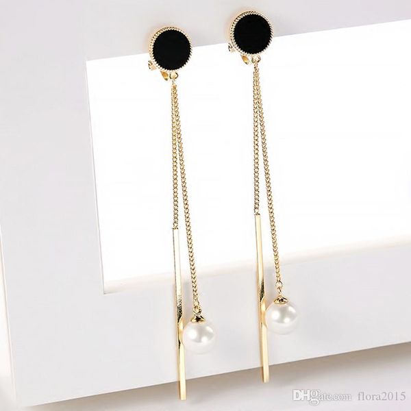 

new black round design with long chain clip earings no pierced hole for girls wedding party jewelery bijoux gift, Silver