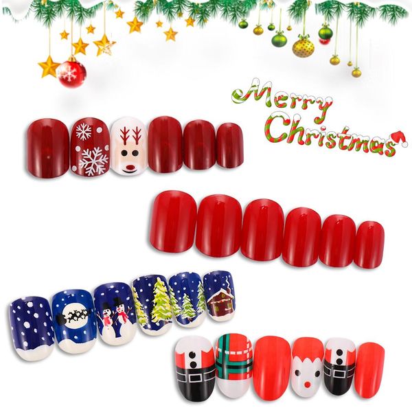 24pcs / set venda quente completa Tampa de Natal resuable unhas Falso Stickers com cola Mulheres Round Forma Nail Art Manicure Decoração