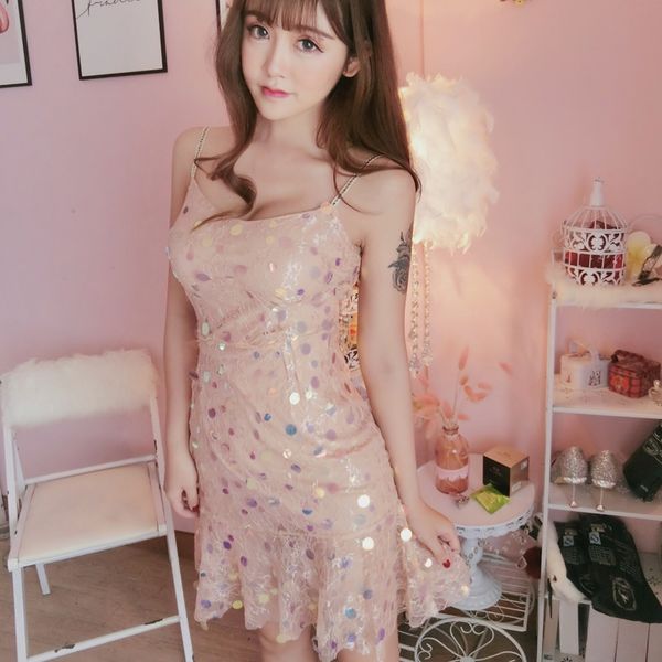 

korean style party dress fishtail ruffles sequin strapless spaghetti strap mini-dresses self-cultivation women's clothing, Black;gray