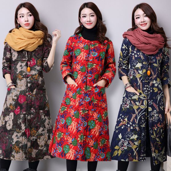 

8903 #2018 new style autumn and winter ethnic-style frog x-long cotton-padded jacket crew neck flower cotton overcoat artistic, Blue;black