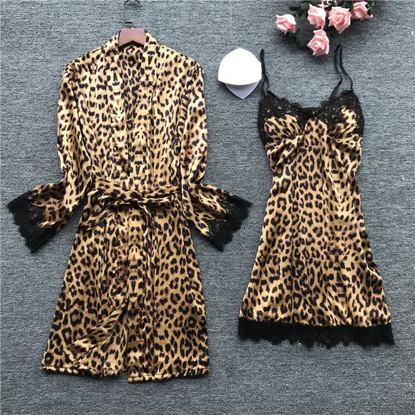 

summer sexy leopard печати кружева трусиков nightdress + кардиган twinset robe костюм с длинным рукавом пижамы, Black;red