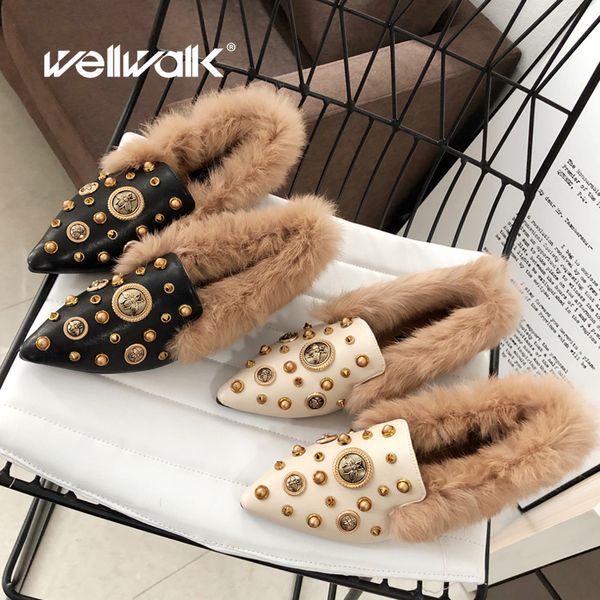 

fur bee shoes women winter loafers stud rivets pointed toe female fashion moccasins plush slip on ballet flats woman 2019 new, Black