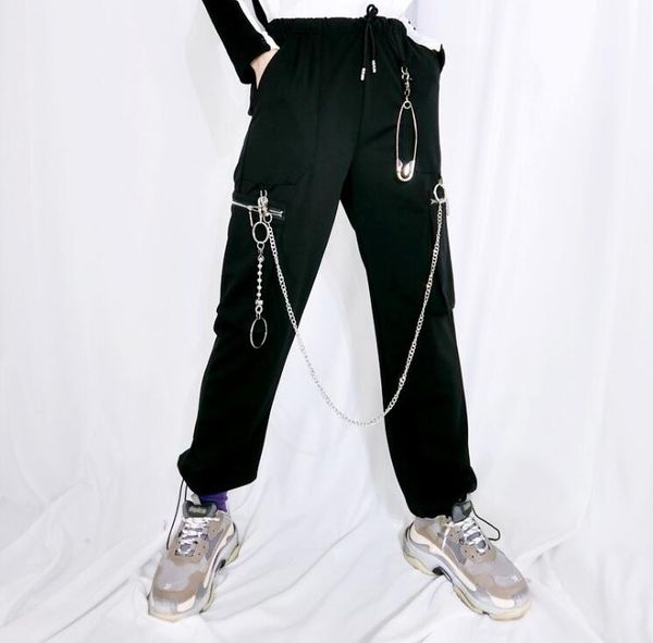 

autumn harajuku hip hop chain black high waist patchwork overalls women pocket zipper pants streetwear fashion loose trouse, Black;white